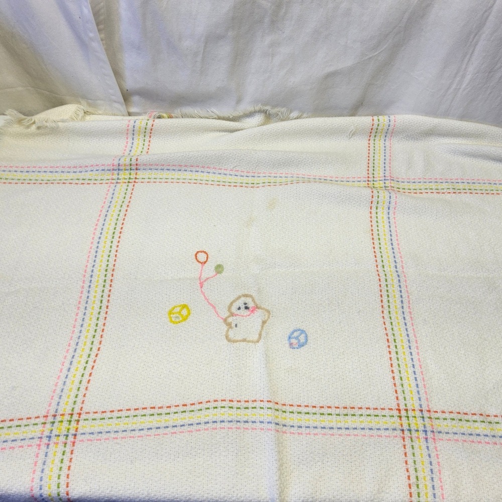 The Three Weavers Baby Blanket‎ Kids OS White Vintage Handwoven Orlon Bear Plaid